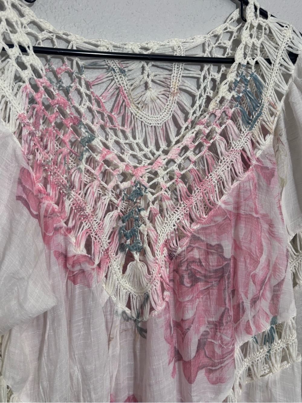 White Crochet-Trim Swim Coverup with Pink Rose Print - Picture 2 of 3